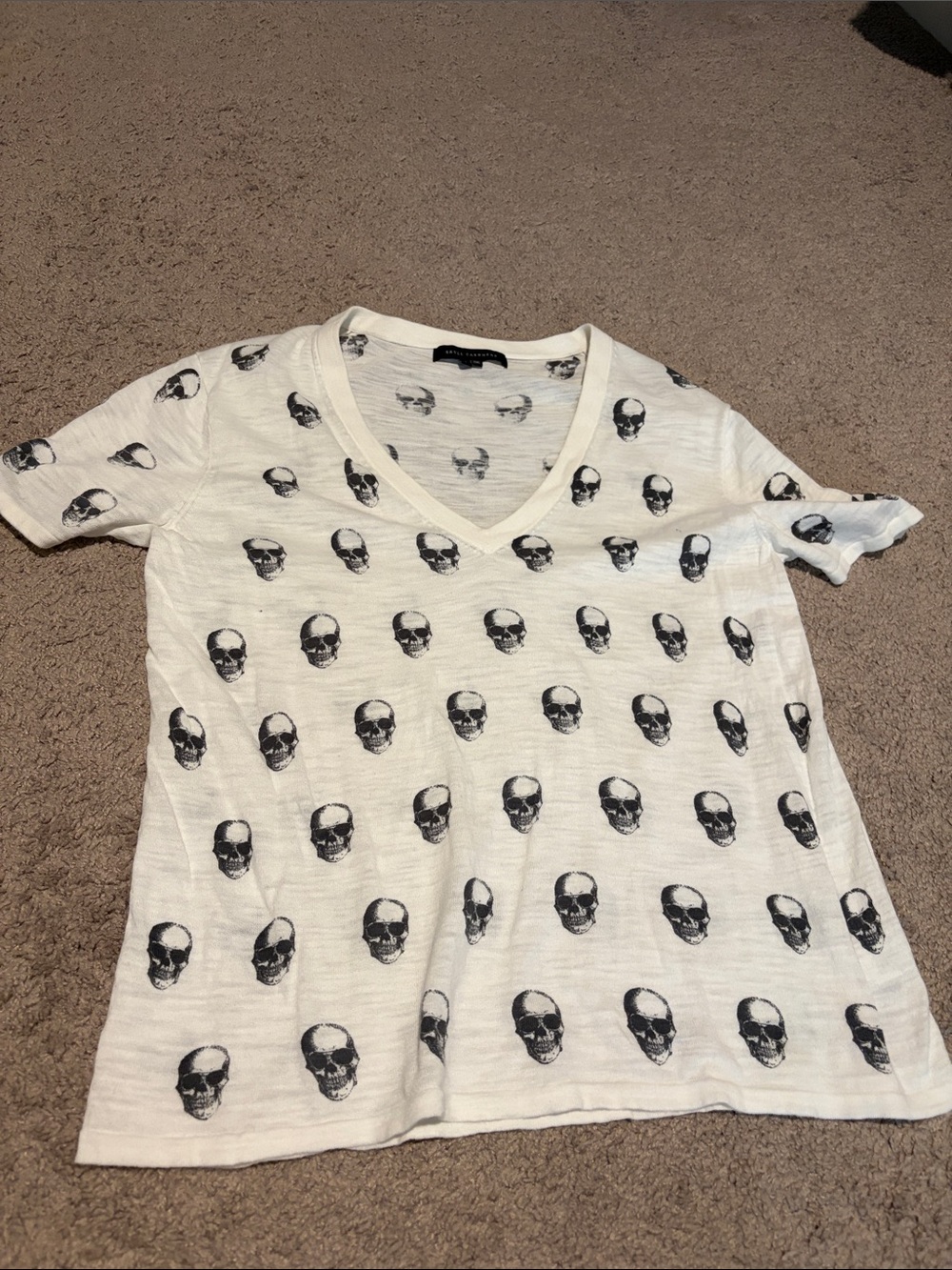 Skull Cashmere White V-Neck Tee with Black Skull Print